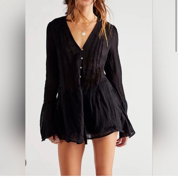 FREE PEOPLE Greta Gauze button down tunic | NWT| XS |black| - Picture 3 of 9